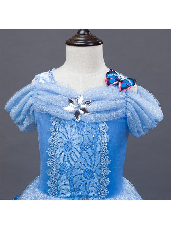 Solid Color Beaded Fluffy Butterfly Decorated Girls Princess Dress - dianjiang-