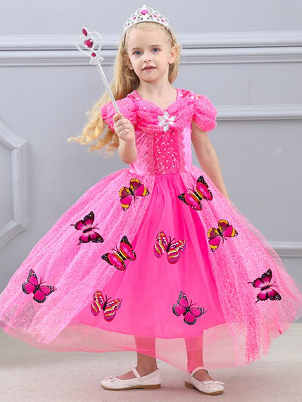 Solid Color Beaded Fluffy Butterfly Decorated Girls Princess Dress - dianjiang-