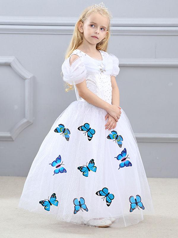 Solid Color Beaded Fluffy Butterfly Decorated Girls Princess Dress - dianjiang-