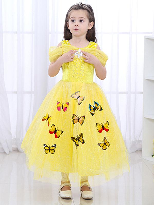 Solid Color Beaded Fluffy Butterfly Decorated Girls Princess Dress - dianjiang-