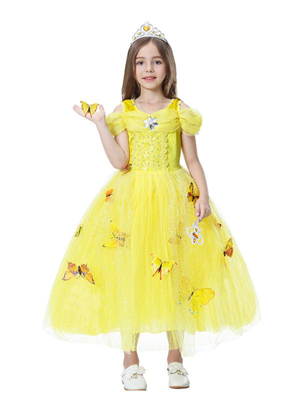 Solid Color Beaded Fluffy Butterfly Decorated Girls Princess Dress - dianjiang-