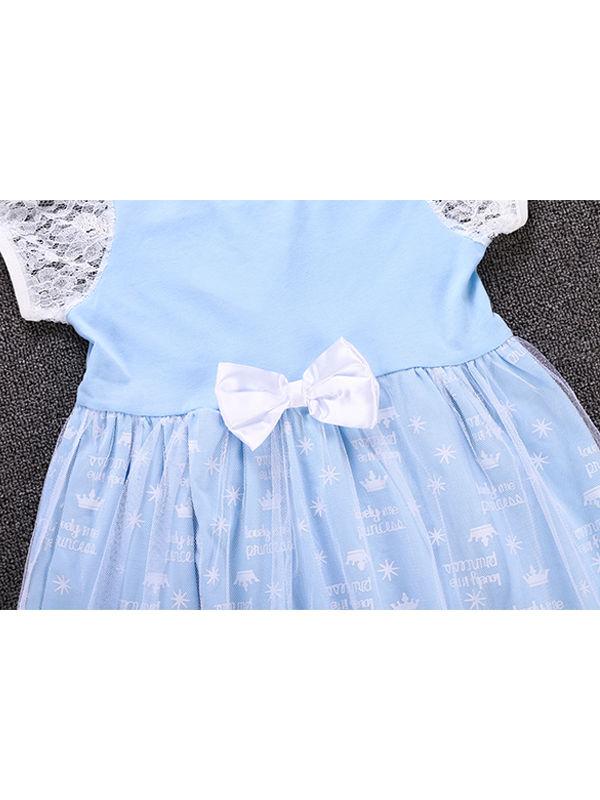 2 Kinds Floral Print Short Sleeves Bowknot Splicing Toddler Baby Girls Princess Party Dress - dianjiang-