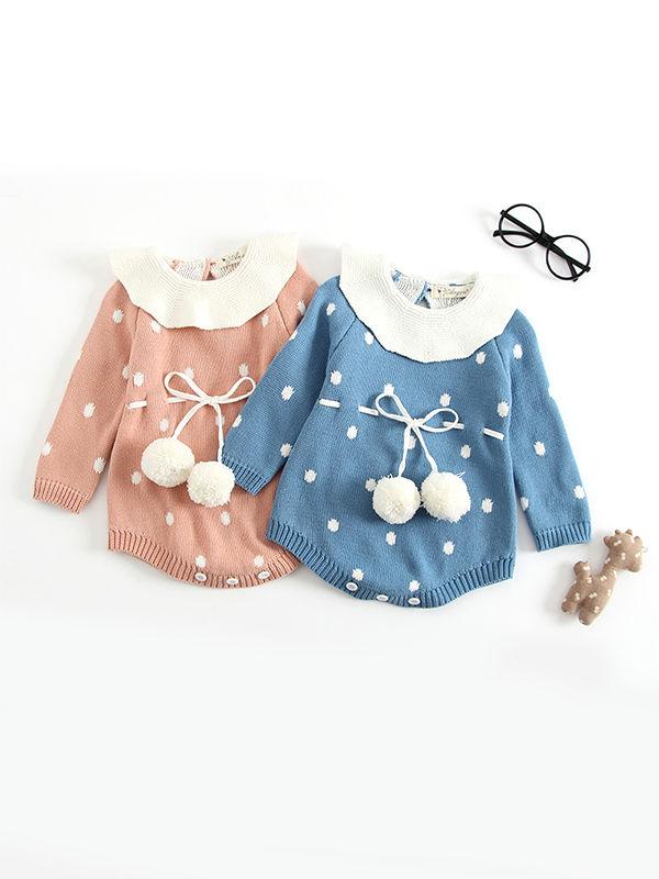 Long Sleeves Bodysuit Polka Dots Onesies Cape Collar Knitwear - dianjiang-