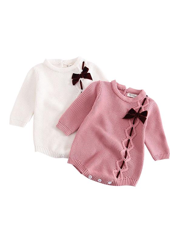 Long Sleeves Baby Girls Romper Knitted Bowknot Onesies - dianjiang-