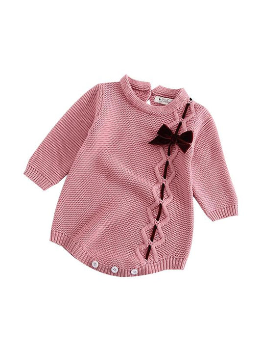 Long Sleeves Baby Girls Romper Knitted Bowknot Onesies - dianjiang-