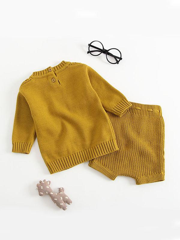 2-piece Outfit Set Cotton Knitted Pierced Long Sleeves Top and Shorts White and Yellow - dianjiang-