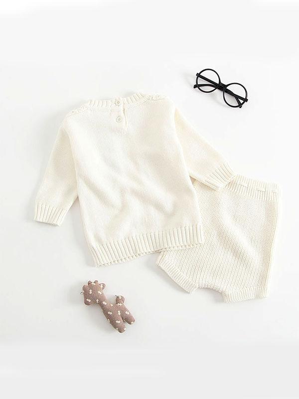 2-piece Outfit Set Cotton Knitted Pierced Long Sleeves Top and Shorts White and Yellow - dianjiang-