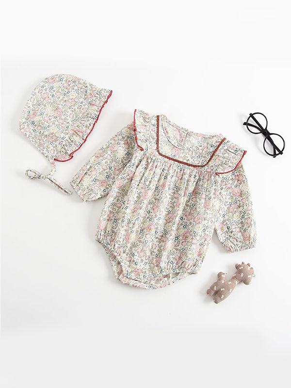 Floral Print Pleated Romper Onesies with Detachable Hat 2-piece Set - dianjiang-