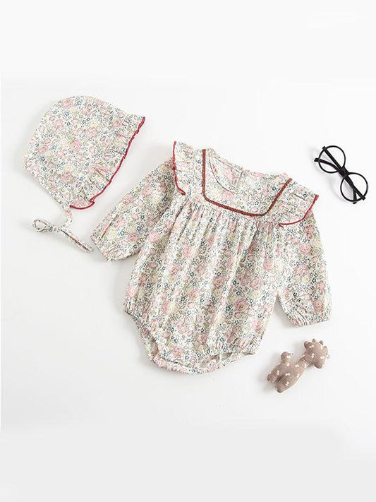 Floral Print Pleated Romper Onesies with Detachable Hat 2-piece Set - dianjiang-