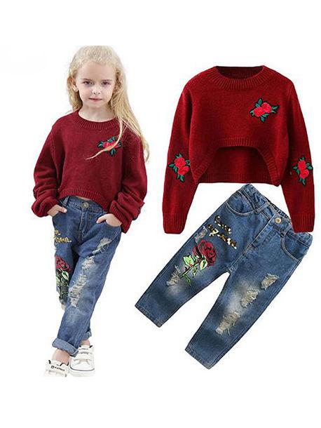 Red Roses Sweater Ripped-Style Jeans Set Long sleeve Top + Cool Trousers - dianjiang-