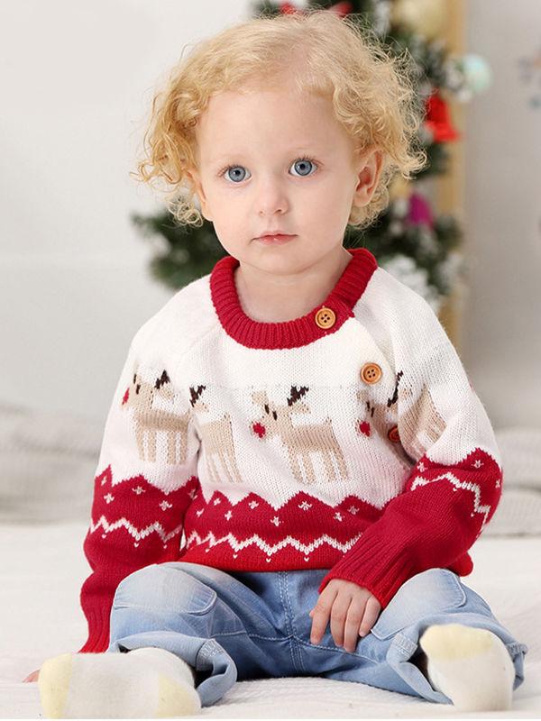 Deer Print Splicing Knitwear Acrylic Round Collar Baby Sweater - dianjiang-