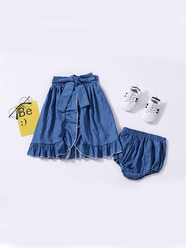 3-piece Outfits Boat Neck Trumpet Sleeves Shirt Top and Short Pants and Bow Tie Falbala Wrap Around Skirt - dianjiang-