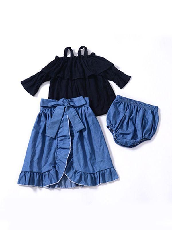 3-piece Outfits Boat Neck Trumpet Sleeves Shirt Top and Short Pants and Bow Tie Falbala Wrap Around Skirt - dianjiang-