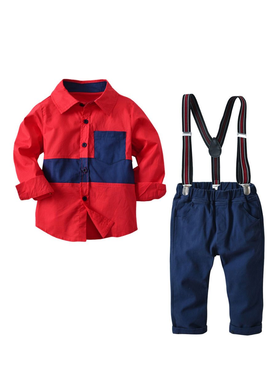 Stylish 2-Piece Big Boys Red and Blue Shirt and Suspender Straps Elastic Waist Pants Set - dianjiang-