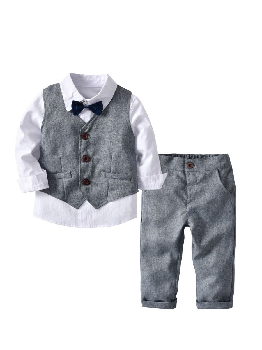 4-Piece Boy's Casual Outfits Suits Set White Long Sleeve Bow Blouse Top and Grey Waistcoat and Grey Suit Pants - dianjiang-