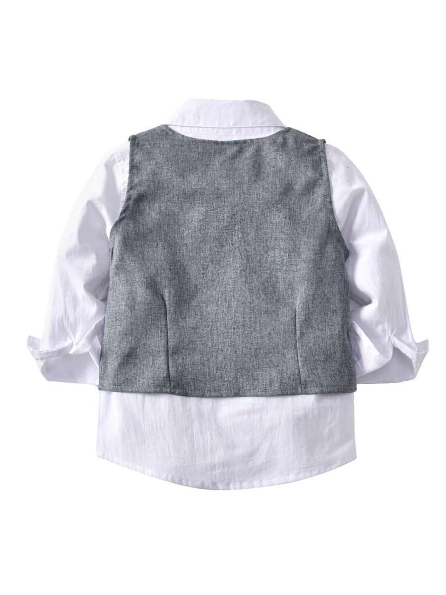 4-Piece Boy's Casual Outfits Suits Set White Long Sleeve Bow Blouse Top and Grey Waistcoat and Grey Suit Pants - dianjiang-