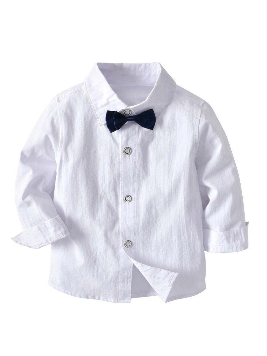 4-Piece Boy's Casual Outfits Suits Set White Long Sleeve Bow Blouse Top and Grey Waistcoat and Grey Suit Pants - dianjiang-