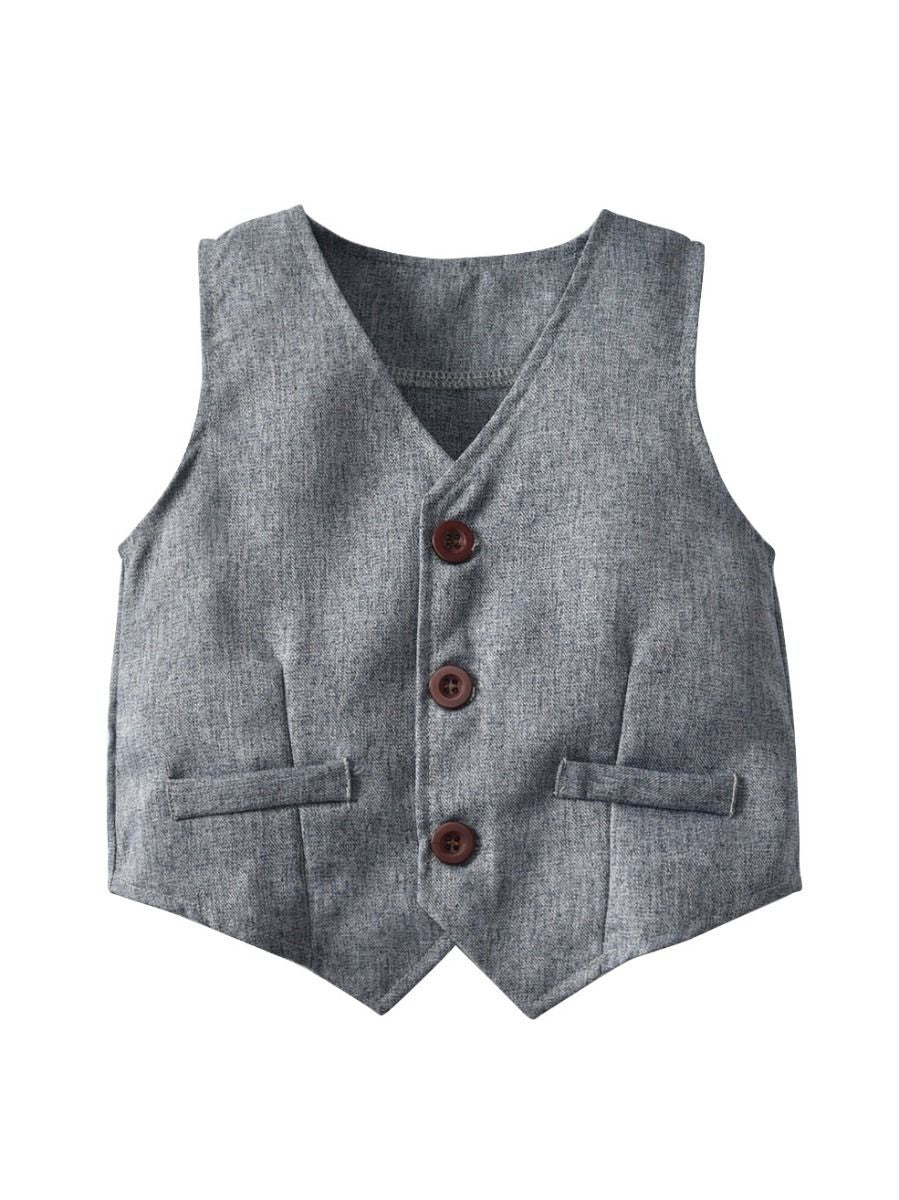 4-Piece Boy's Casual Outfits Suits Set White Long Sleeve Bow Blouse Top and Grey Waistcoat and Grey Suit Pants - dianjiang-