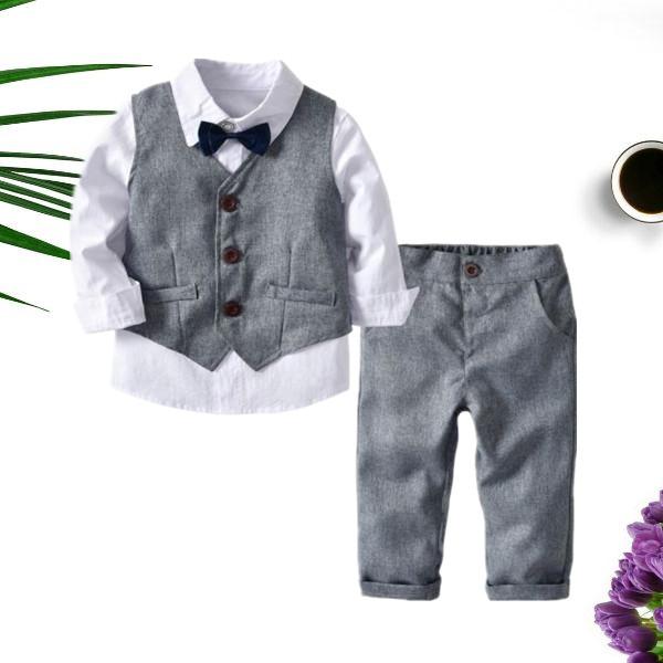 4-Piece Boy's Casual Outfits Suits Set White Long Sleeve Bow Blouse Top and Grey Waistcoat and Grey Suit Pants - dianjiang-