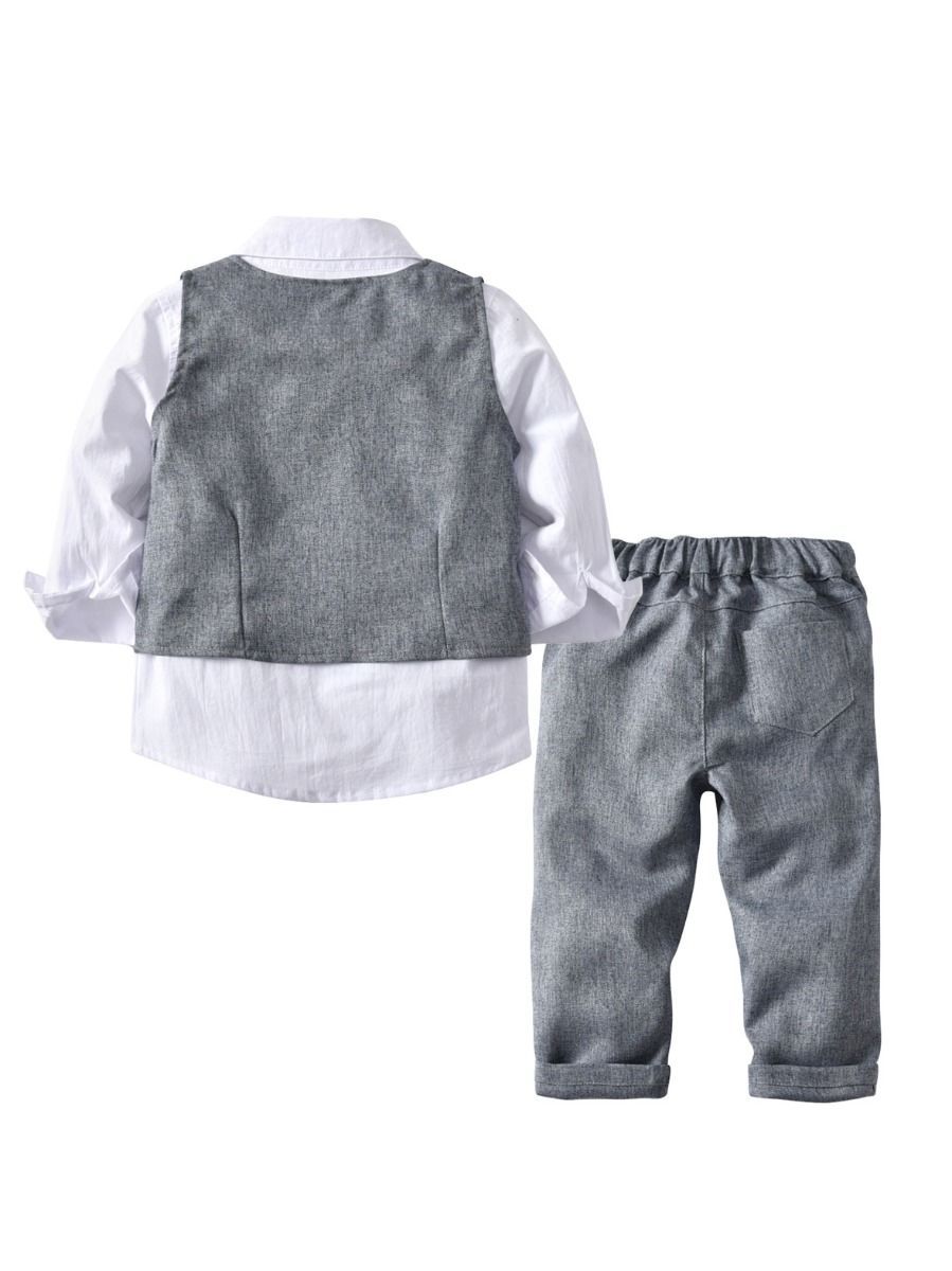 4-Piece Boy's Casual Outfits Suits Set White Long Sleeve Bow Blouse Top and Grey Waistcoat and Grey Suit Pants - dianjiang-