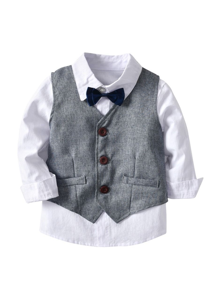 4-Piece Boy's Casual Outfits Suits Set White Long Sleeve Bow Blouse Top and Grey Waistcoat and Grey Suit Pants - dianjiang-