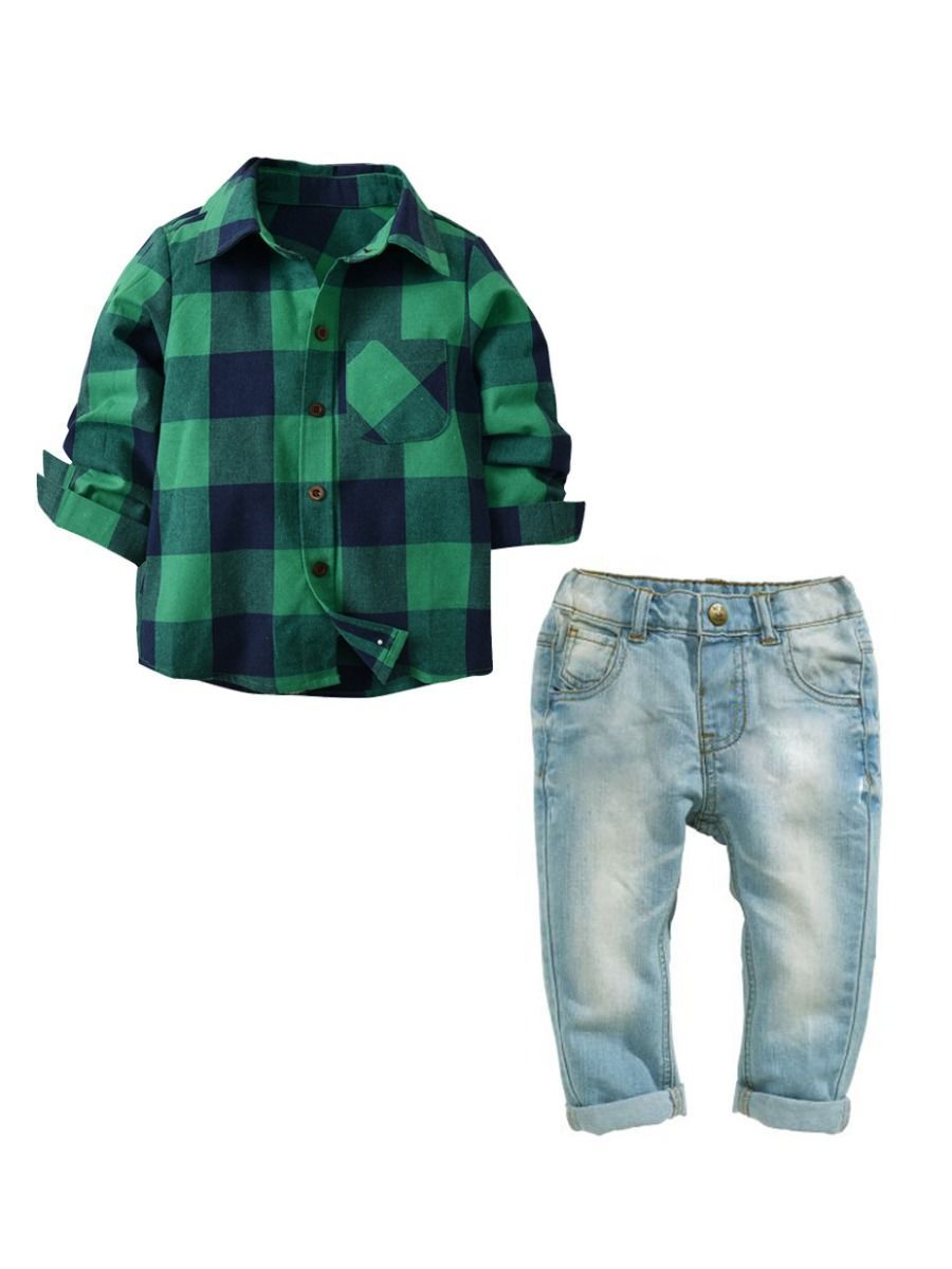 2-Piece Baby Boys Clothes Set Long Sleeve Gingham Shirt Top and Long Jeans Pants - dianjiang-