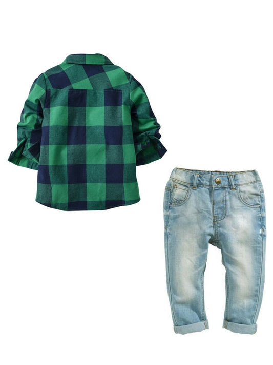 2-Piece Baby Boys Clothes Set Long Sleeve Gingham Shirt Top and Long Jeans Pants - dianjiang-