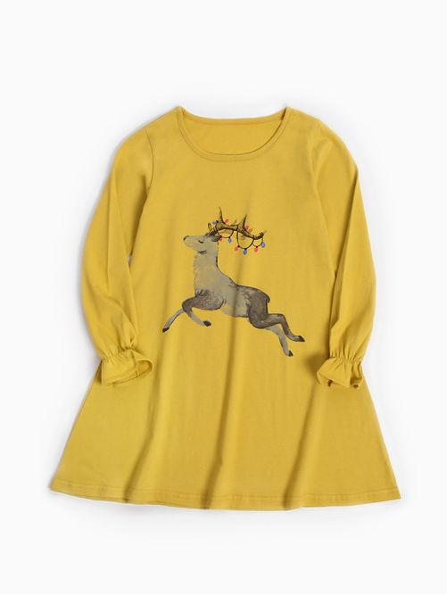 Casual Deer Print Long Sleeve One Piece Dress for Toddler School Kids Girls - dianjiang-