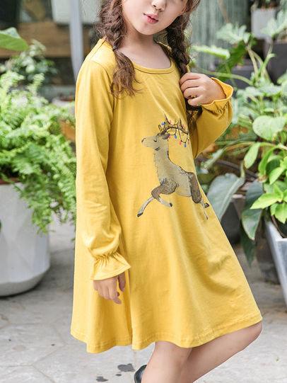 Casual Deer Print Long Sleeve One Piece Dress for Toddler School Kids Girls - dianjiang-