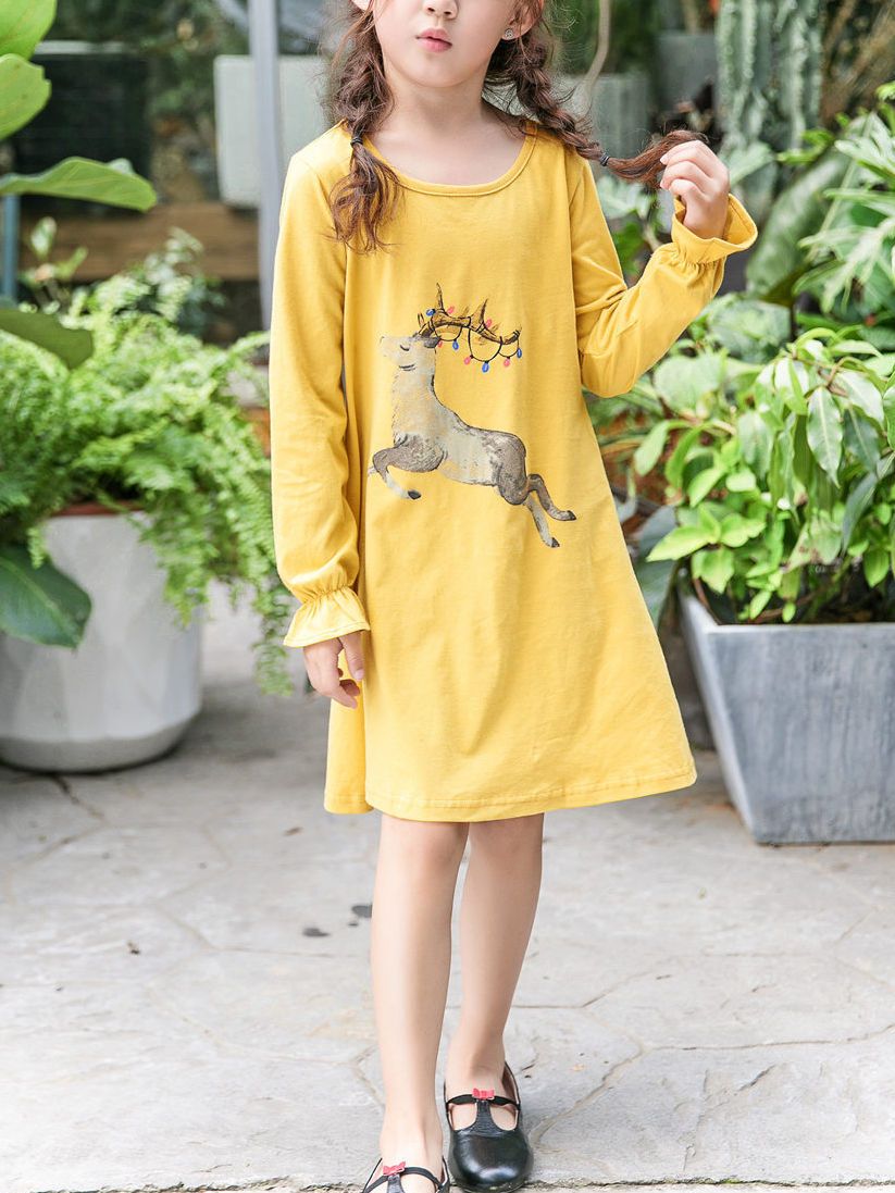 Casual Deer Print Long Sleeve One Piece Dress for Toddler School Kids Girls - dianjiang-