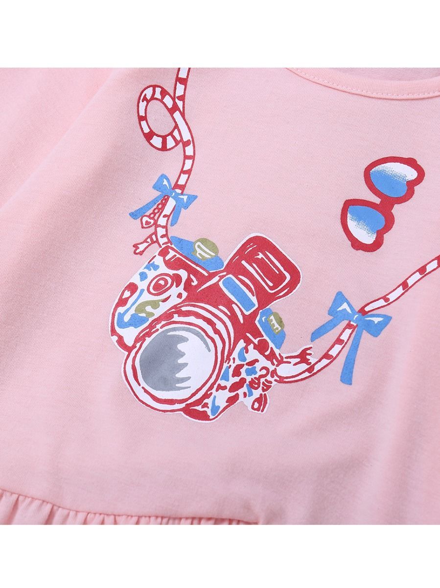 Baby Clothes Outfit Set Pink Camera Print Ruffled Dress and Bow Grey Leggings Pants - dianjiang-