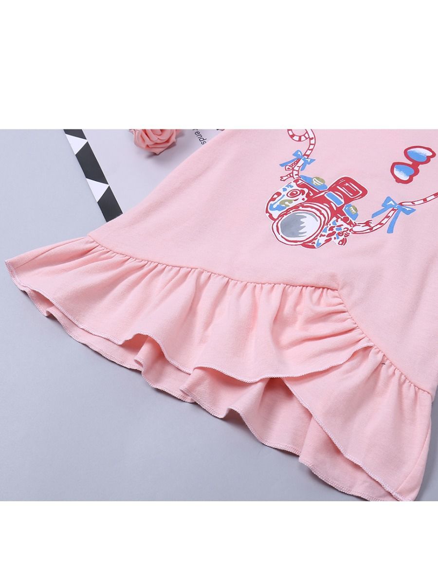 Baby Clothes Outfit Set Pink Camera Print Ruffled Dress and Bow Grey Leggings Pants - dianjiang-