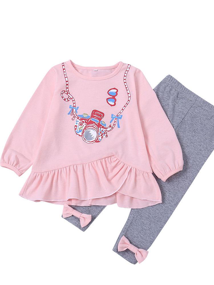 Baby Clothes Outfit Set Pink Camera Print Ruffled Dress and Bow Grey Leggings Pants - dianjiang-