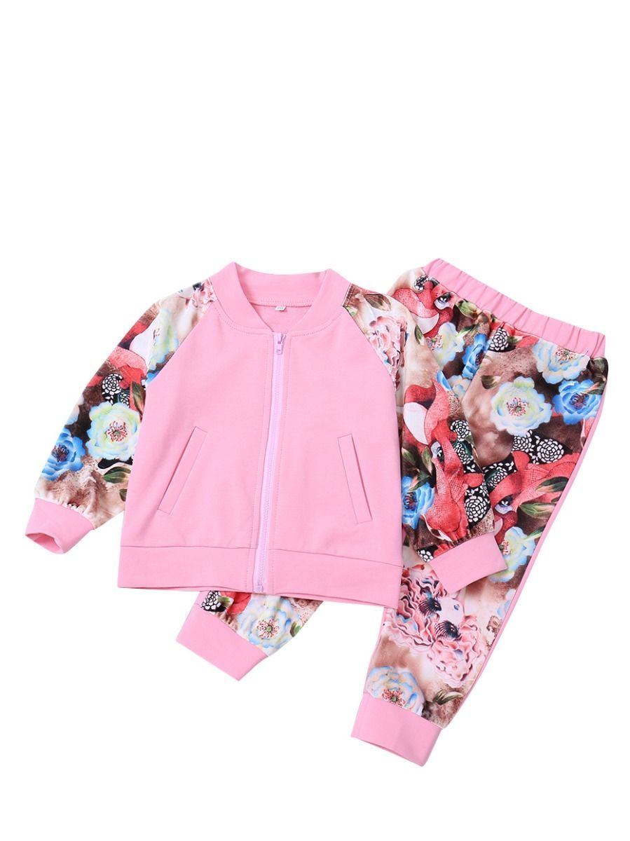 Winter Sportswear Outfit Set Long Sleeve Floral Jacket Top and Elastic Waist Long Pants - dianjiang-