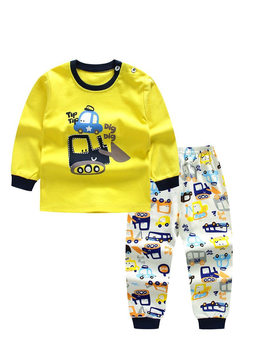 2-Piece Outfit Cartoon Excavator Car Print Set Color Block Pullover Top W Leggings Baby Kids Sleepwear - dianjiang-