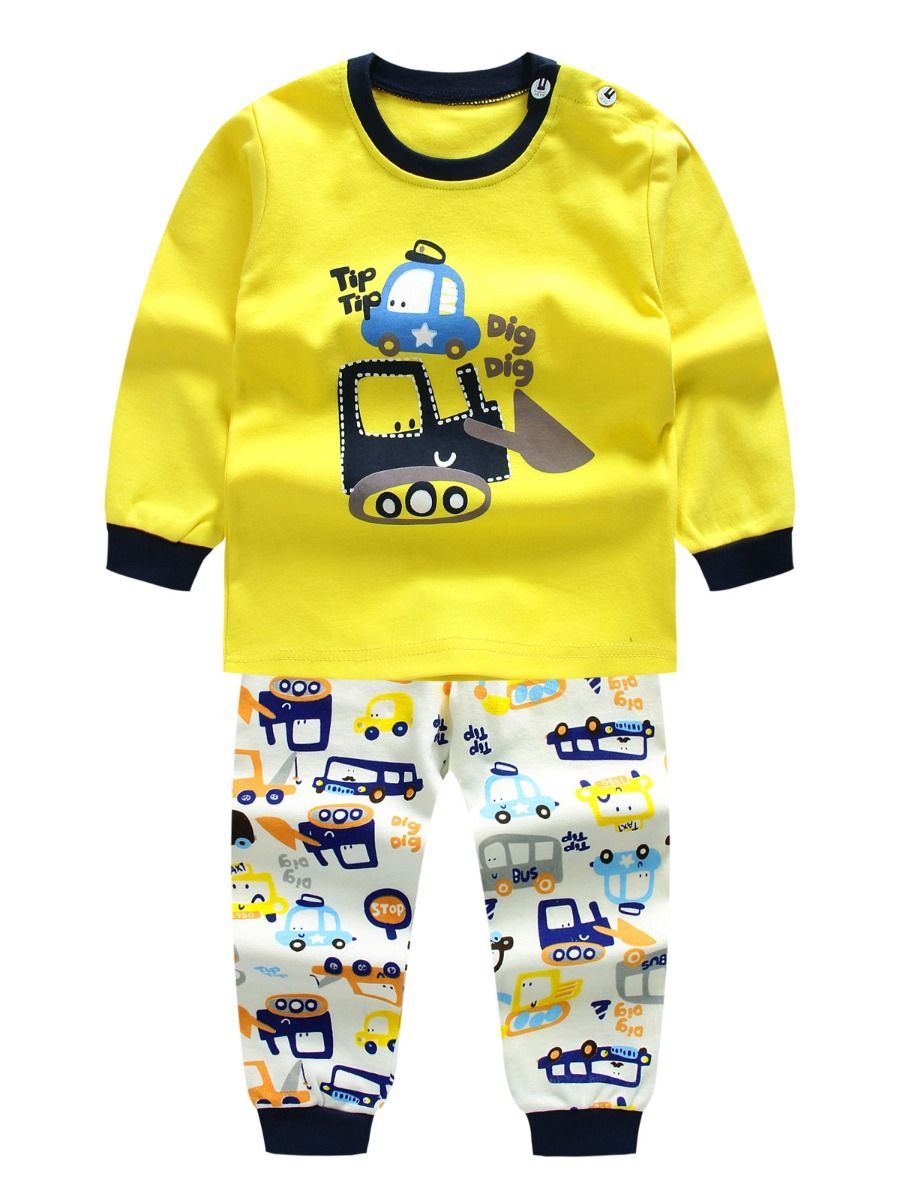 2-Piece Outfit Cartoon Excavator Car Print Set Color Block Pullover Top W Leggings Baby Kids Sleepwear - dianjiang-