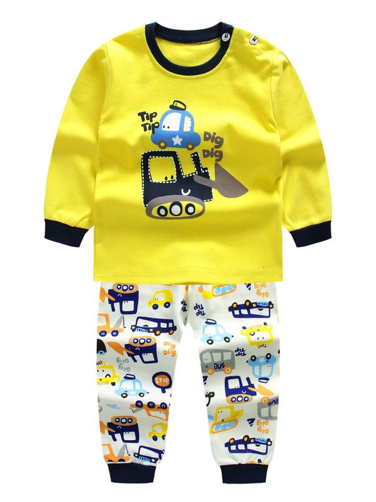 2-Piece Outfit Cartoon Excavator Car Print Set Color Block Pullover Top W Leggings Baby Kids Sleepwear - dianjiang-