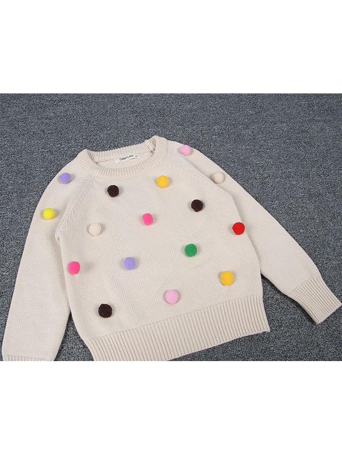 Cute Colorful Jumper Ball Trimmed Knitted Cotton Sweater Children Winter Clothes - dianjiang-