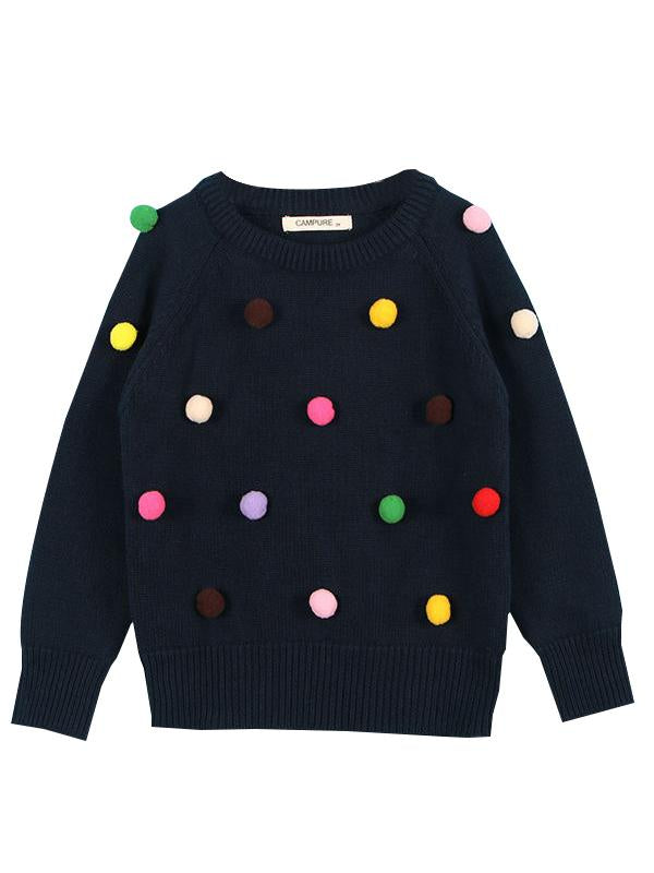 Cute Colorful Jumper Ball Trimmed Knitted Cotton Sweater Children Winter Clothes - dianjiang-