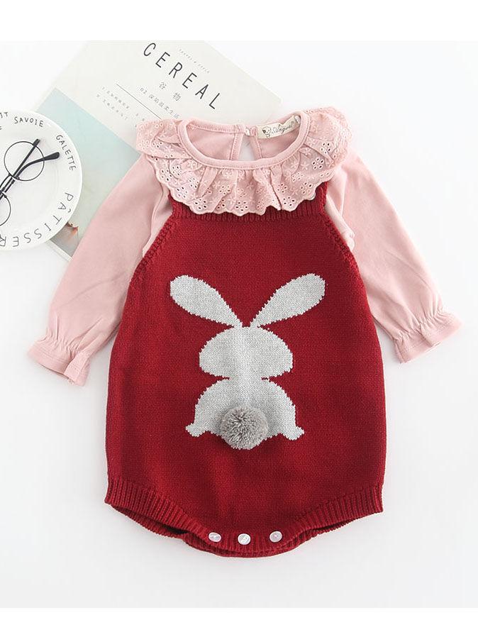 Bunny Knitted Onesie Cotton Baby crochet Romper With 3D Tail Bodysuit - dianjiang-