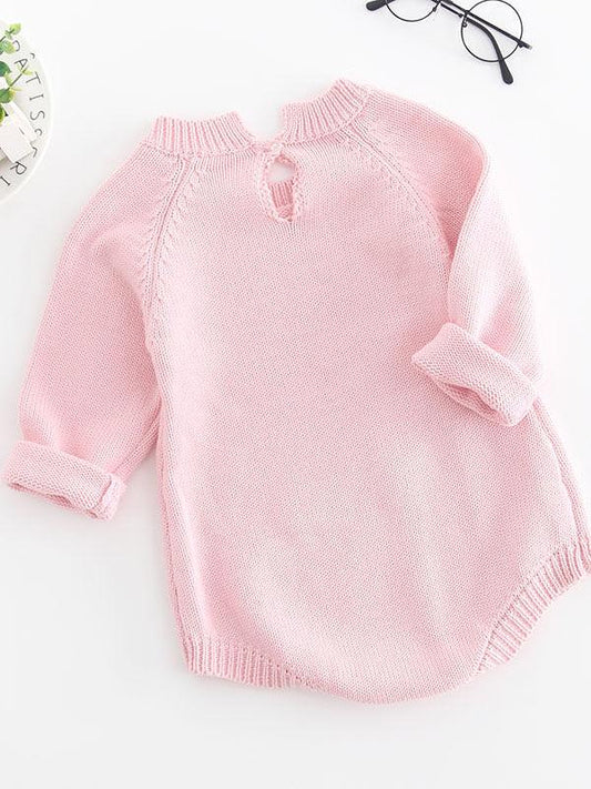 Flower Applique Cotton Onesie Knitted Jumpsuit Long Sleeve for Infant Baby Girls - dianjiang-