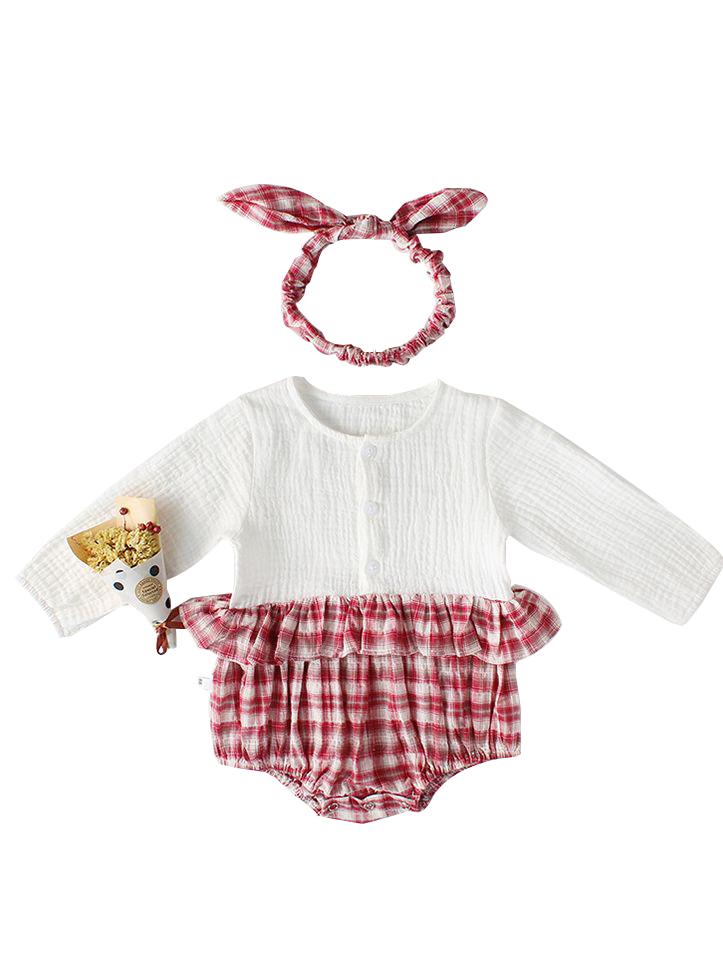 Spanish Style Baby Clothes Cute Checked Cotton Romper Long Sleeve with Headband - dianjiang-