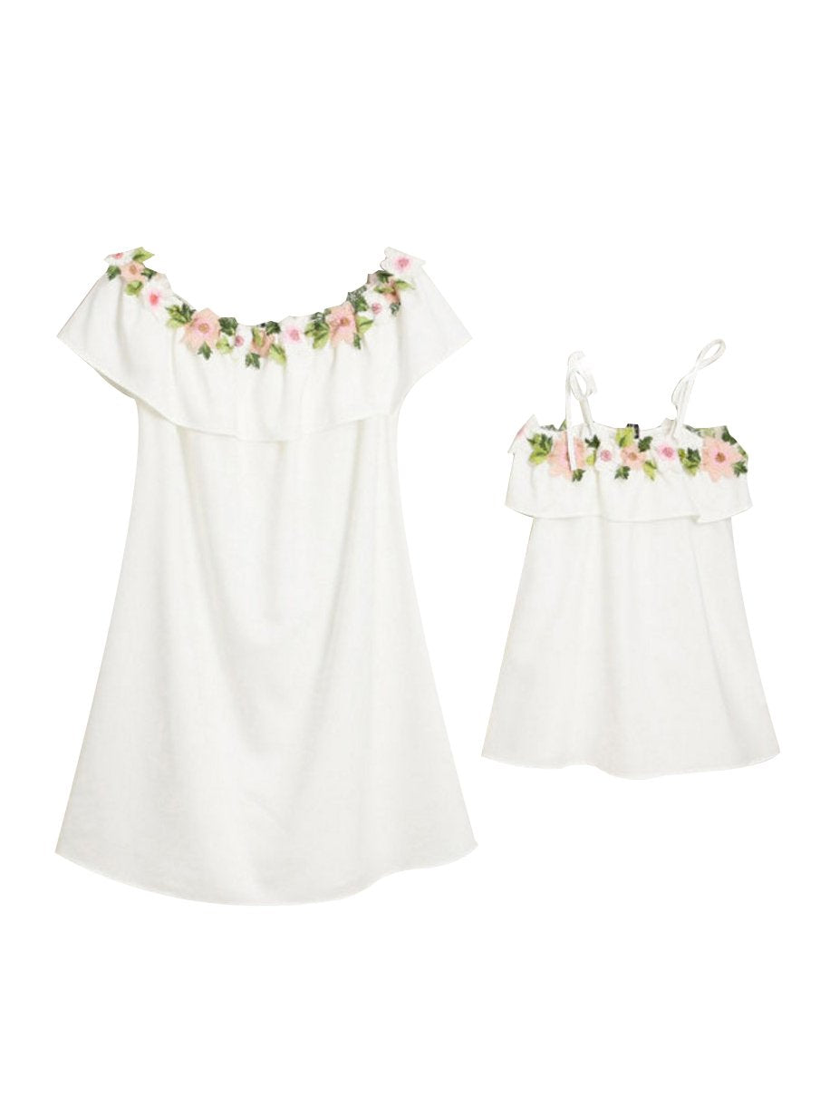 Mommy And Me Family Fitted Floral Flower Embroidery Off Shoulder Dress White And Pink - dianjiang-