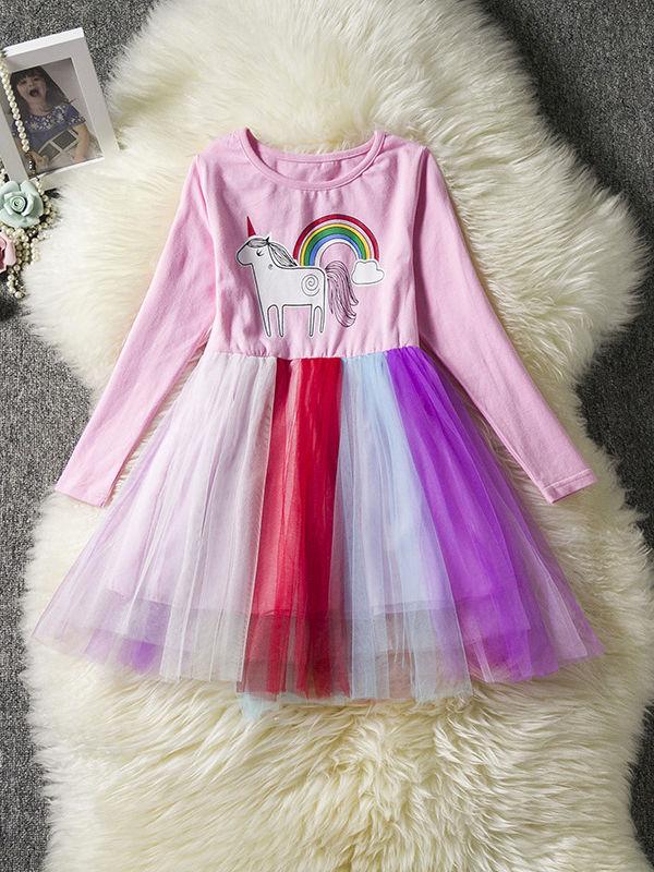 Fashion Unicorn Pattern Long Sleeve Tulle Princess Dress Halloween Party Dress - dianjiang-