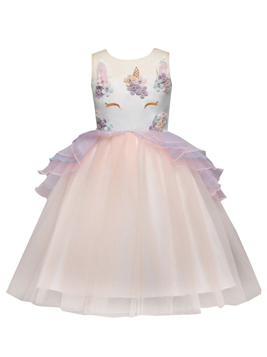Blue and Purple Trendy Flower Unicorn Pattern Princess Dress Summer Tulle Lace Party Dress - dianjiang-