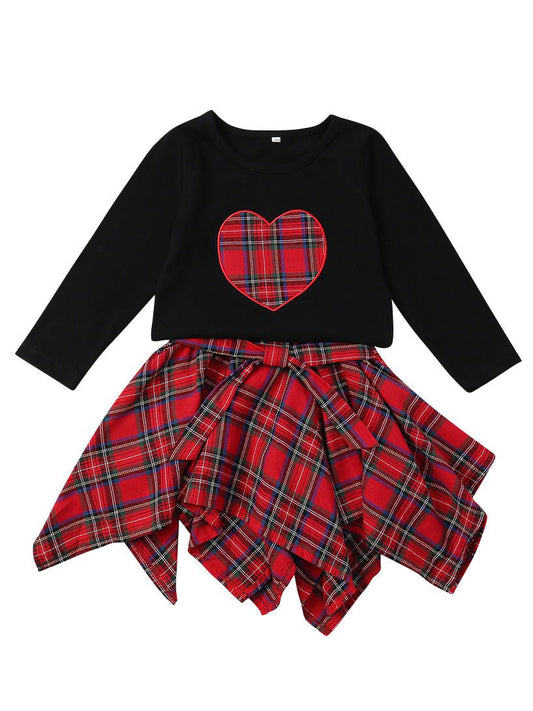 2-PIECE Dress Set Love Heart T-shirt Top +Bow Checked Asymmetrical Hemline Skirt - dianjiang-