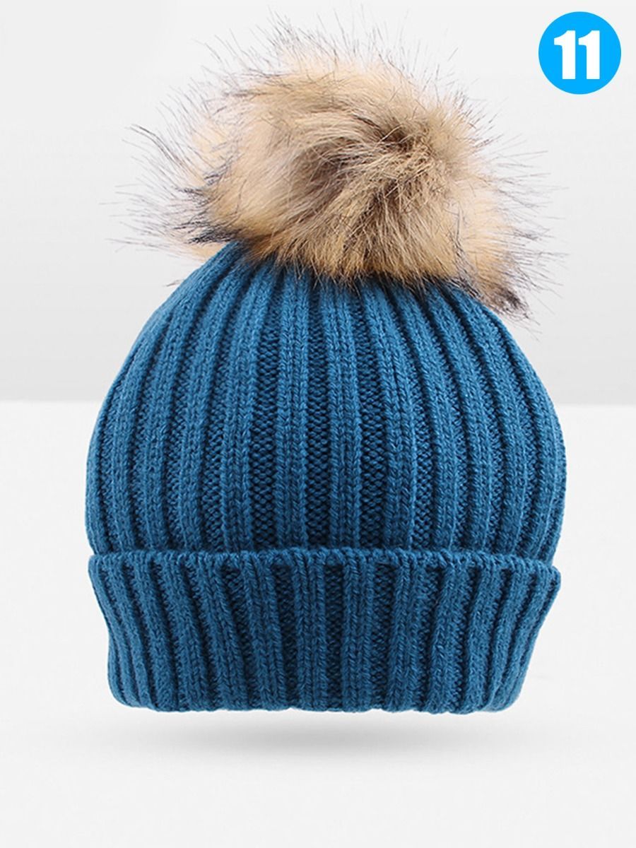 Cute Ball Trimmed Knitted Hat Solid Color for Autumn Winter - dianjiang-