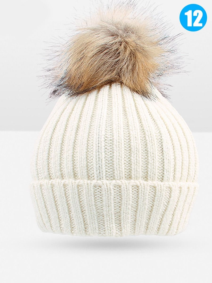 Cute Ball Trimmed Knitted Hat Solid Color for Autumn Winter - dianjiang-