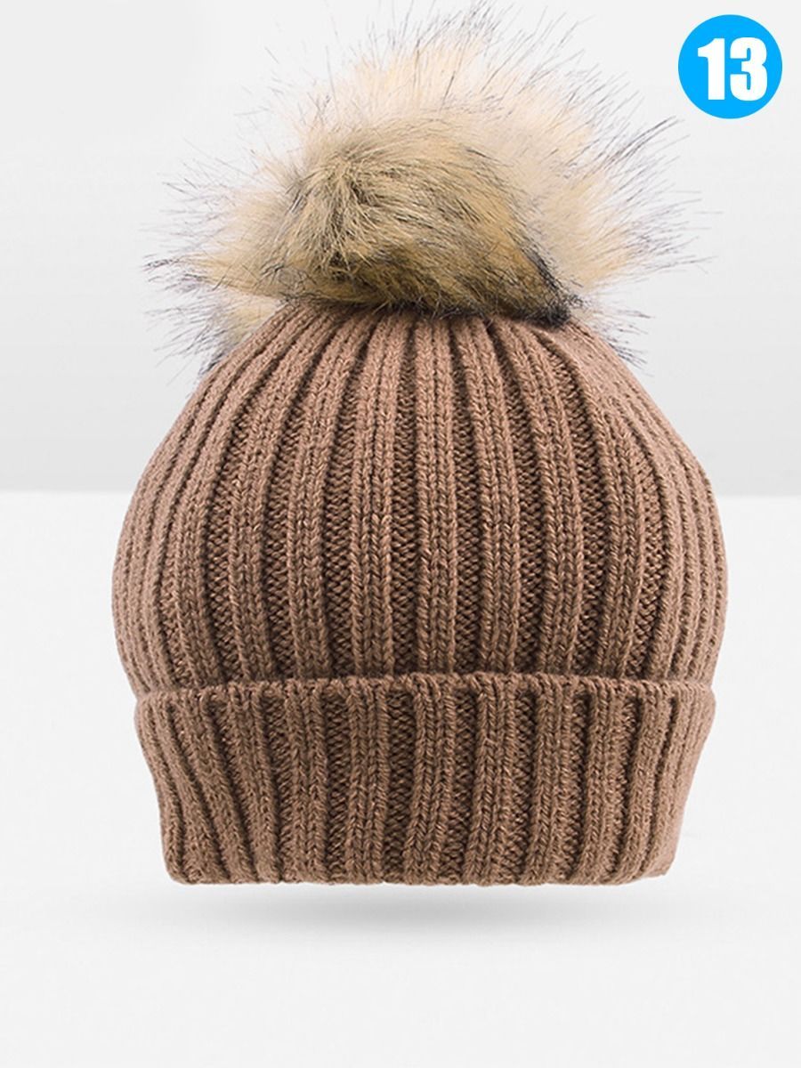 Cute Ball Trimmed Knitted Hat Solid Color for Autumn Winter - dianjiang-