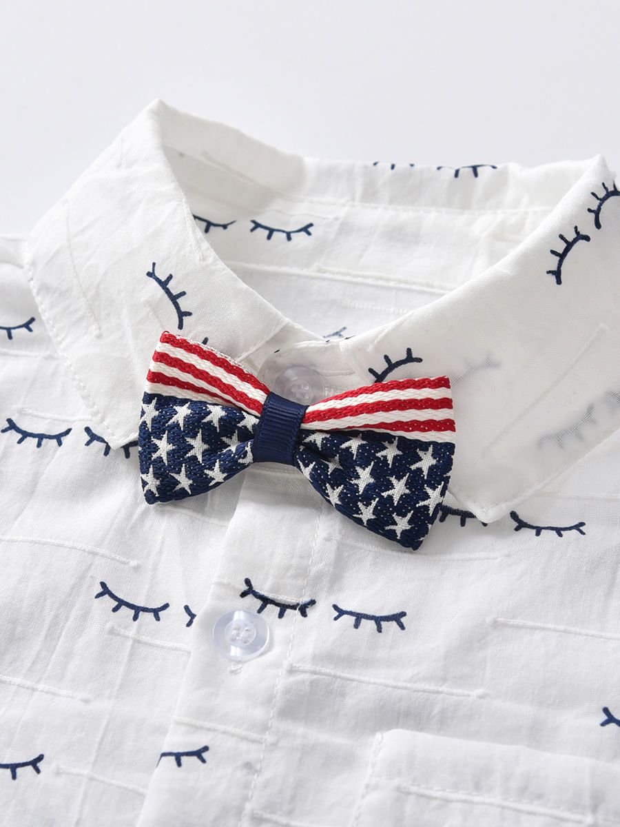 4 Pieces Romper Pants Outfit Set Bow Tie Romper Shirt and Adjustable Shoulder Straps Blue Pants - dianjiang-